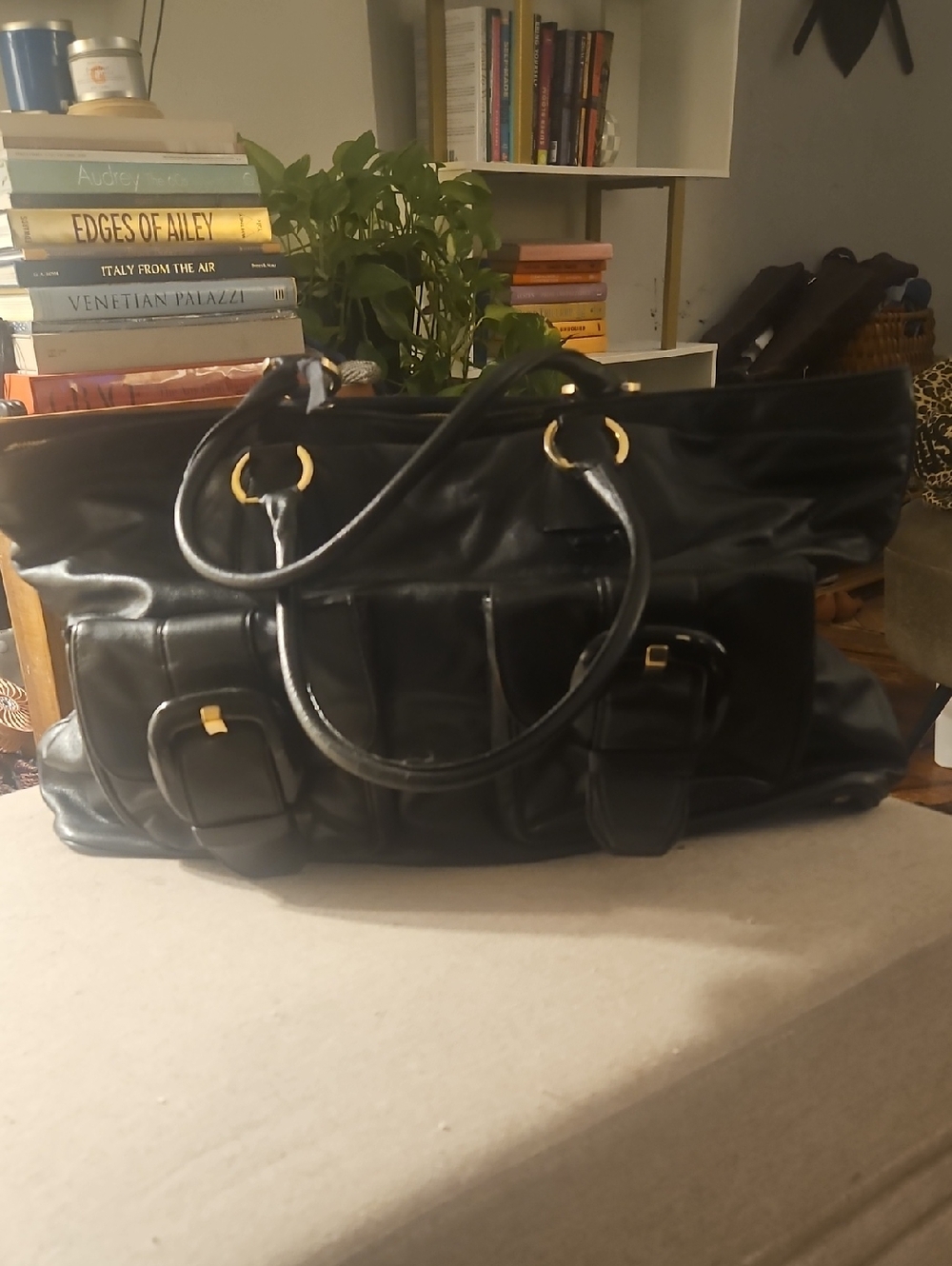 Anne Klein Black Genuine Leather Tote with Gold Hardware